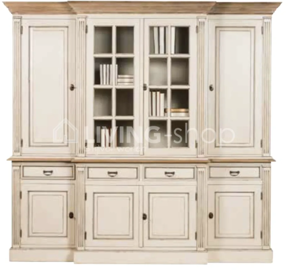 TIMELESS LIVING Cottage stijl vitrinekast crème met naturel teak top