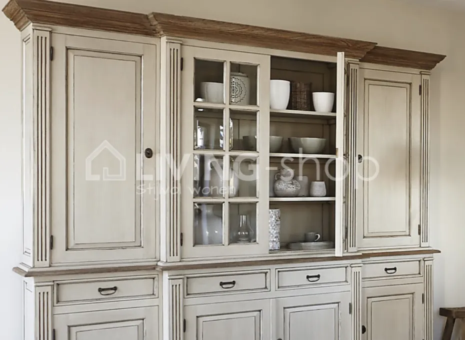 TIMELESS LIVING Cottage stijl vitrinekast crème met naturel teak top