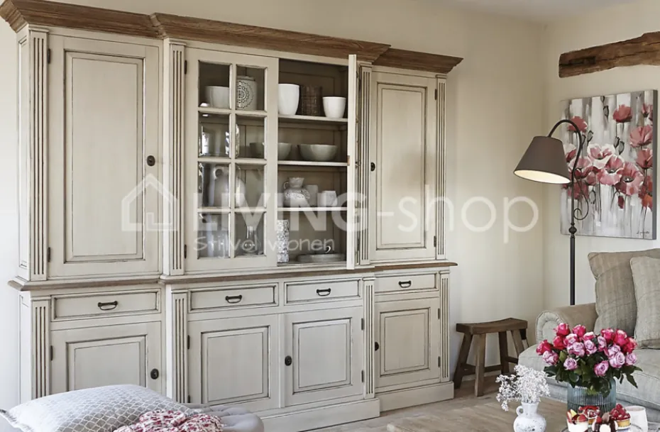 TIMELESS LIVING Cottage stijl vitrinekast crème met naturel teak top