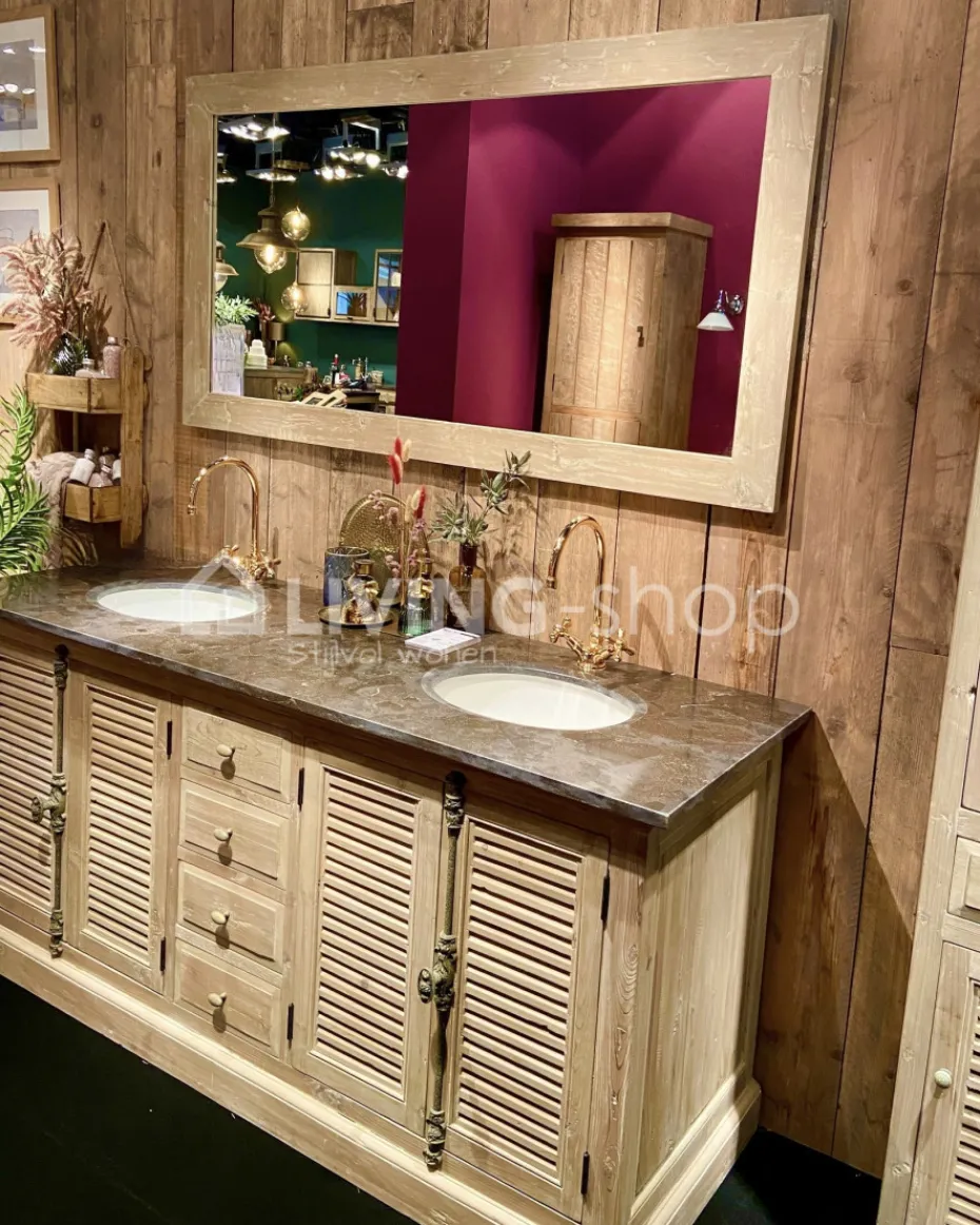 TIMELESS LIVING Landelijk badkamermeubel louvredeuren met natuursteen en 2 lavabo's