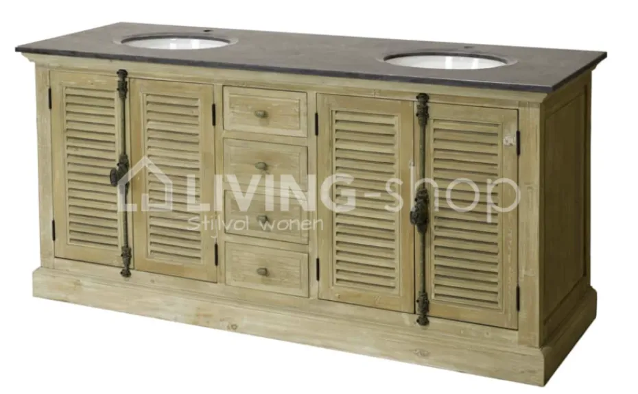 TIMELESS LIVING Landelijk badkamermeubel louvredeuren met natuursteen en 2 lavabo's