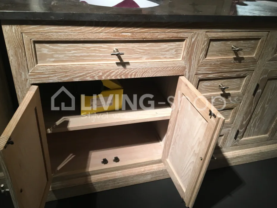 TIMELESS LIVING Landelijk eiken wastafel meubel met dubbele lavabo + opzetstuk met spiegels en LED