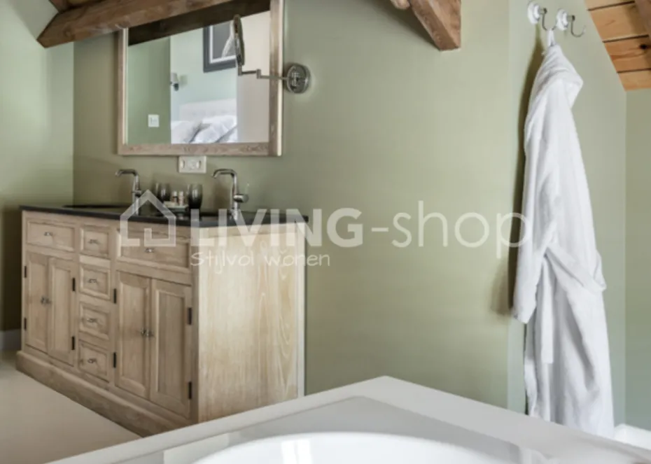 TIMELESS LIVING Landelijk eiken wastafel meubel met dubbele lavabo + opzetstuk met spiegels en LED