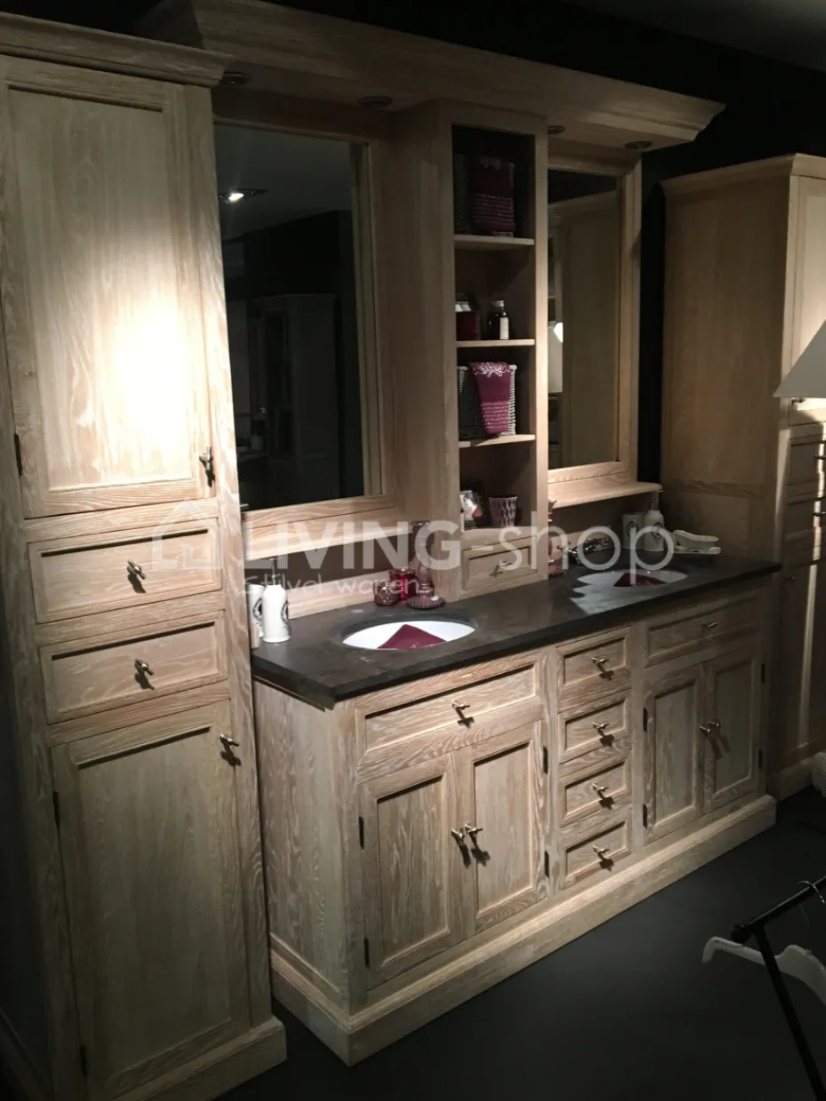 TIMELESS LIVING Landelijk eiken wastafel meubel met dubbele lavabo + opzetstuk met spiegels en LED